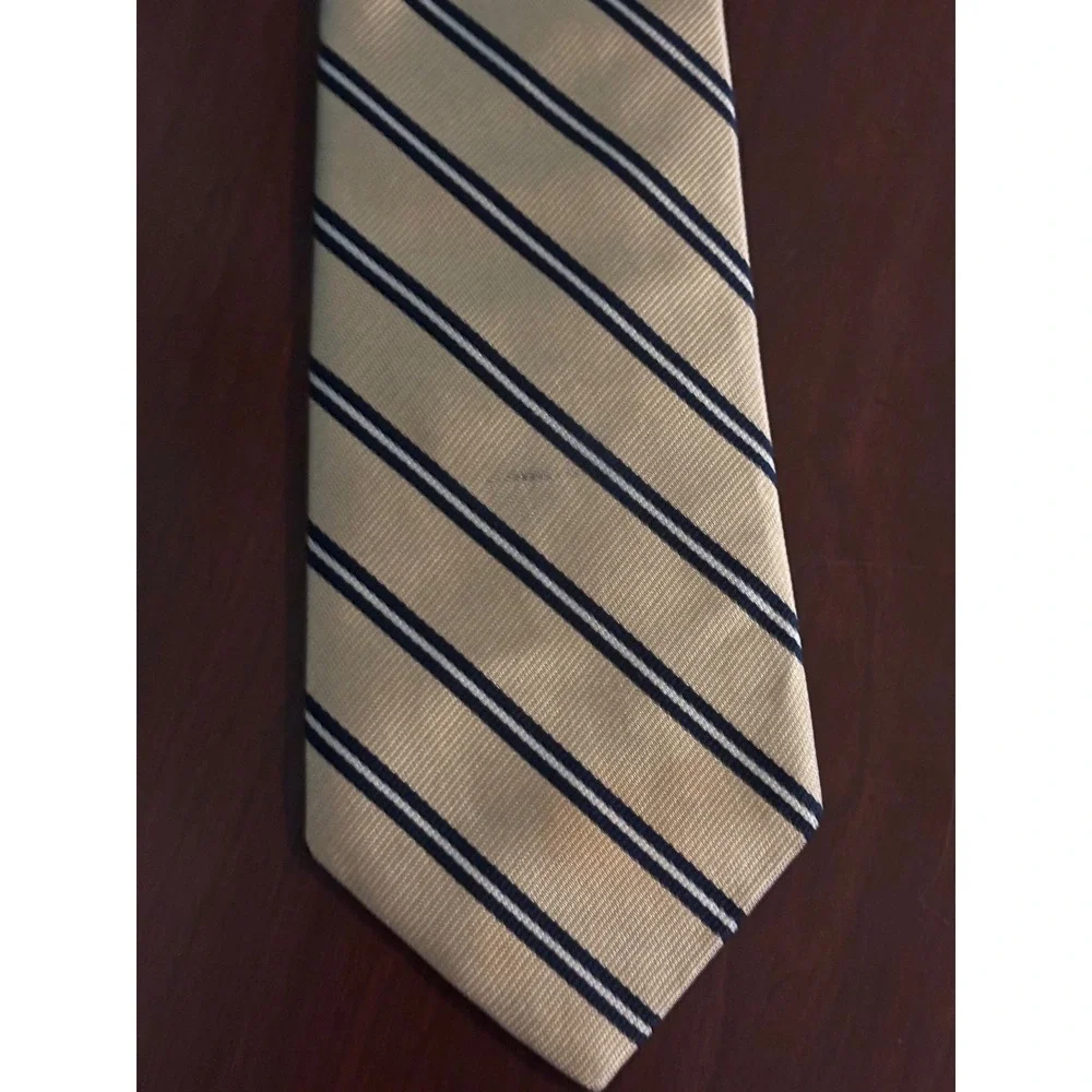 Lands' End Charter Collection Mens Yellow Navy Striped Silk Preppy Made USA Tie